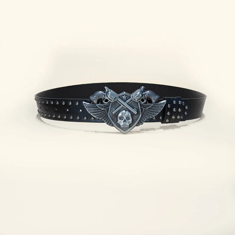 Unisex Designer Gürtel für Frauen und Männer Hohe Qualität Luxus Marke Punk Schwarz Niet Jeans Gürtel Schädel Wolf Schnalle Gothic Bund – Detail 3