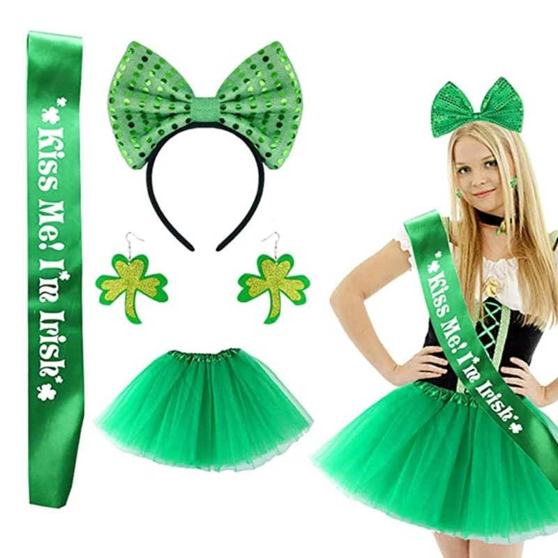 

Patrick's Day Dressing-up Accessories Set Party Favor Green Shamrock Earrings Mini Skirt Sash Bows Headband