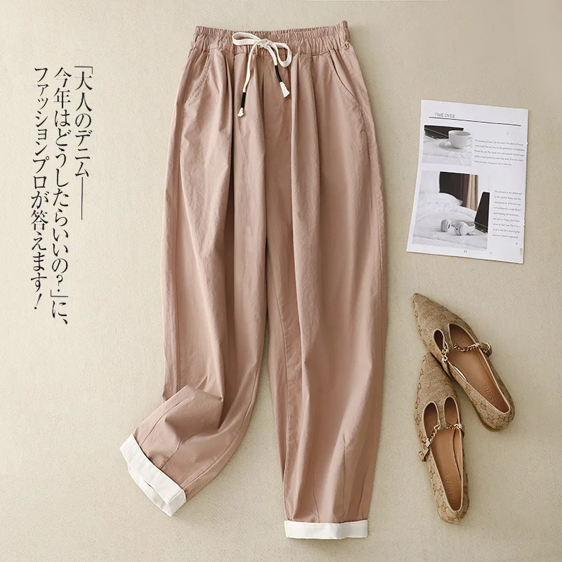 Women's Retro Cotton and Hemp Flapped Casual Pants, Elastic Waist, Loose  Slim Appearance, Spring  Summer, New