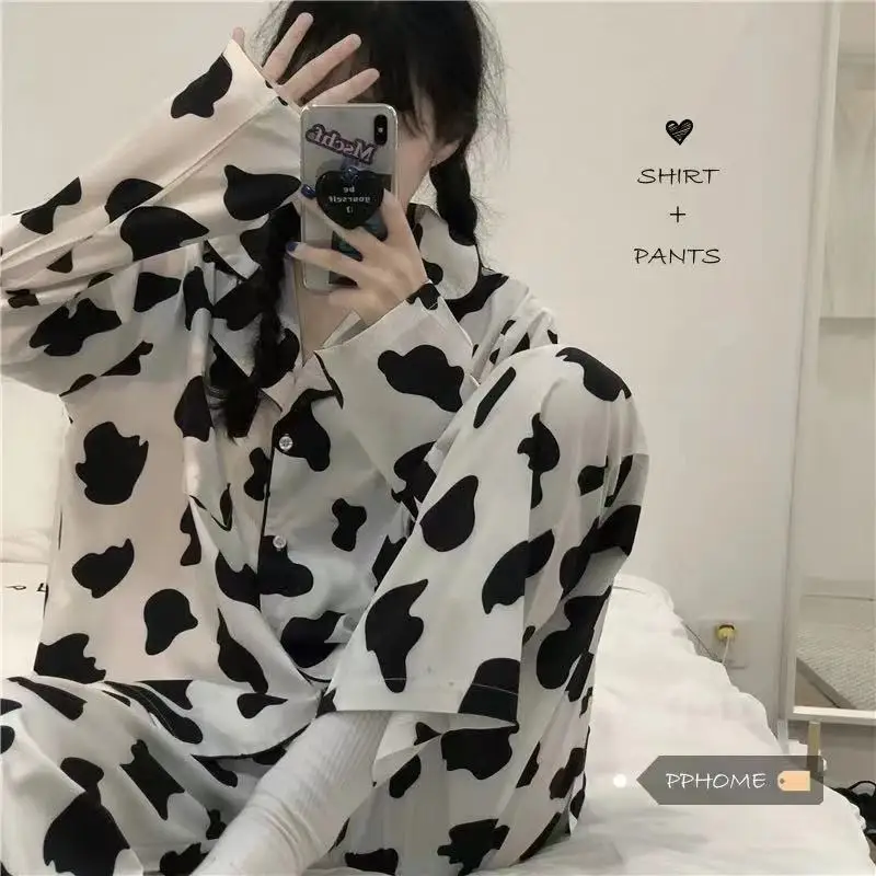 여성용 긴팔 암소 프린트 가디건 파자마, 검은색 얼룩말 줄무늬, 용수철 가을, 시니어 홈웨어, 야외 라운지웨어, 2PCs/세트