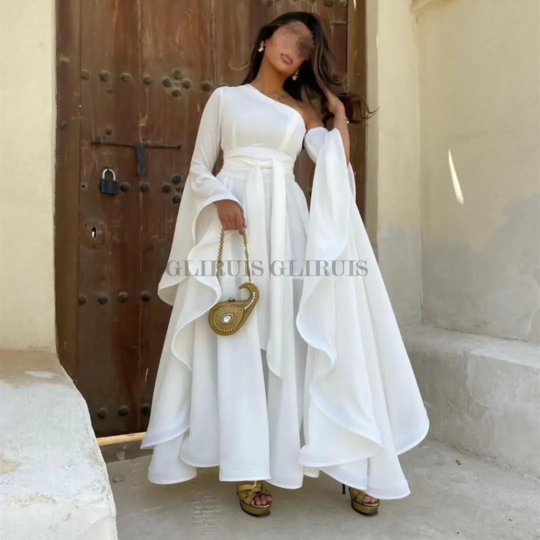 

Long White Evening Dresses With Pleats A-Line Crepe فساتين السهرة Muslim Ankle Length Party Dresses for Women