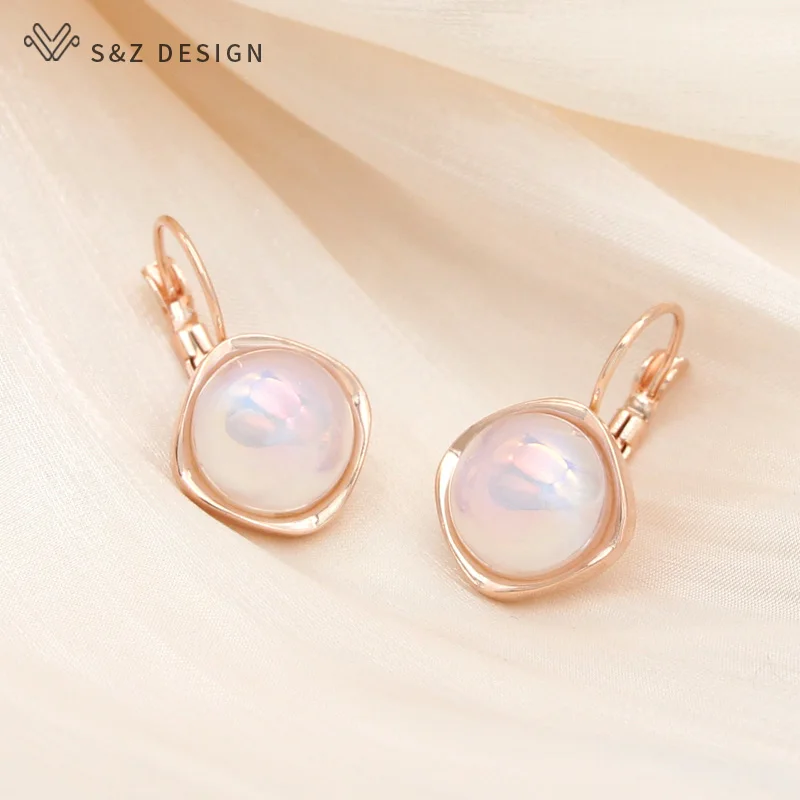 S&Z DESIGN New Trendy Luxury Round Crystal Simulated-pearl Dangle Earrings For Women Elegant 585 Rose Gold Color Jewelry
