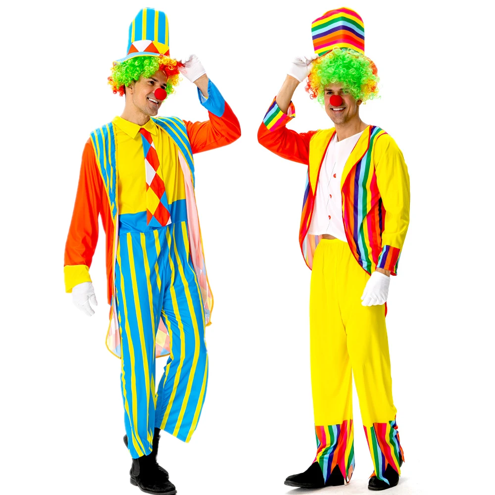 Funny Clown Costume Magic Show Party Cosplay Clothes Top Hat Colored Wig False Nose Entertaining Activities Dress Up