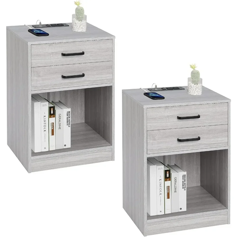 Bedside Table 2-piece Set with Charging Station and Drawers for Bedroom nightstands set