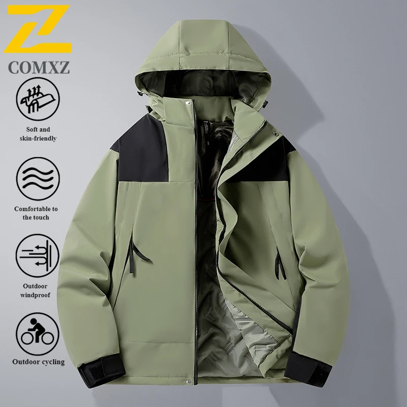 COMXZ Graphene Heated Windbreaker Men's Hooded Winter Jacket Waterproof Windproof Thermal Outdoor Coat for Camping Fishing 2025