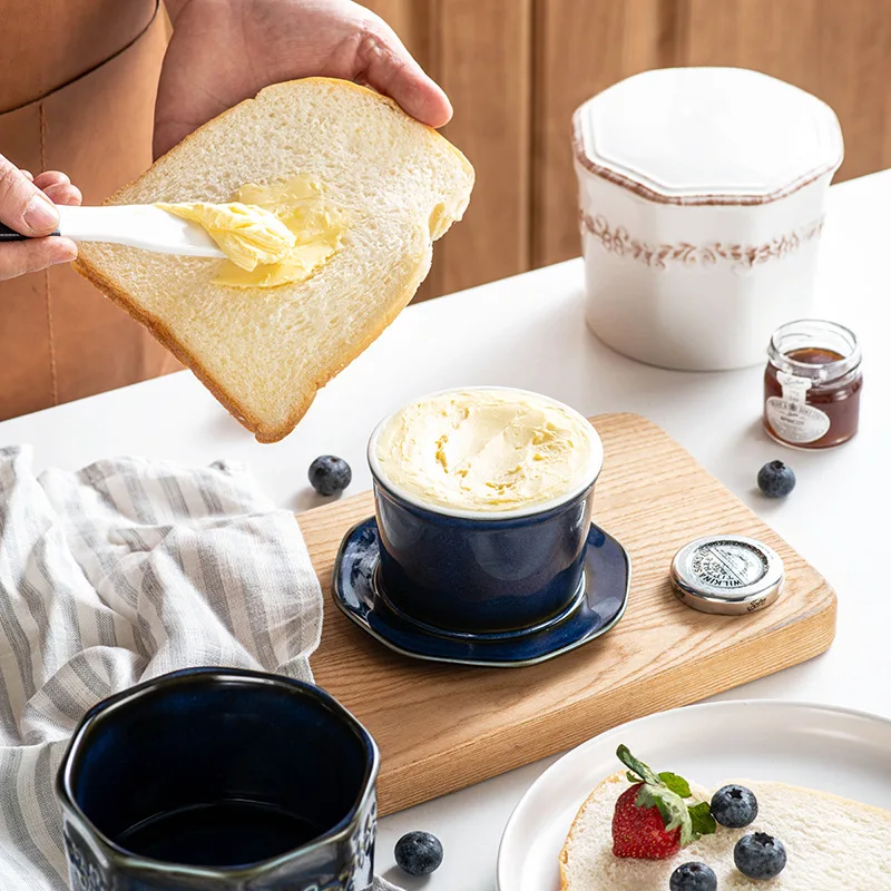 French Butter Crock with Lid for Kitchen Countertop,Ceramic Soft Butter Dish with Knife,Cheese Container Keeper With Waterline