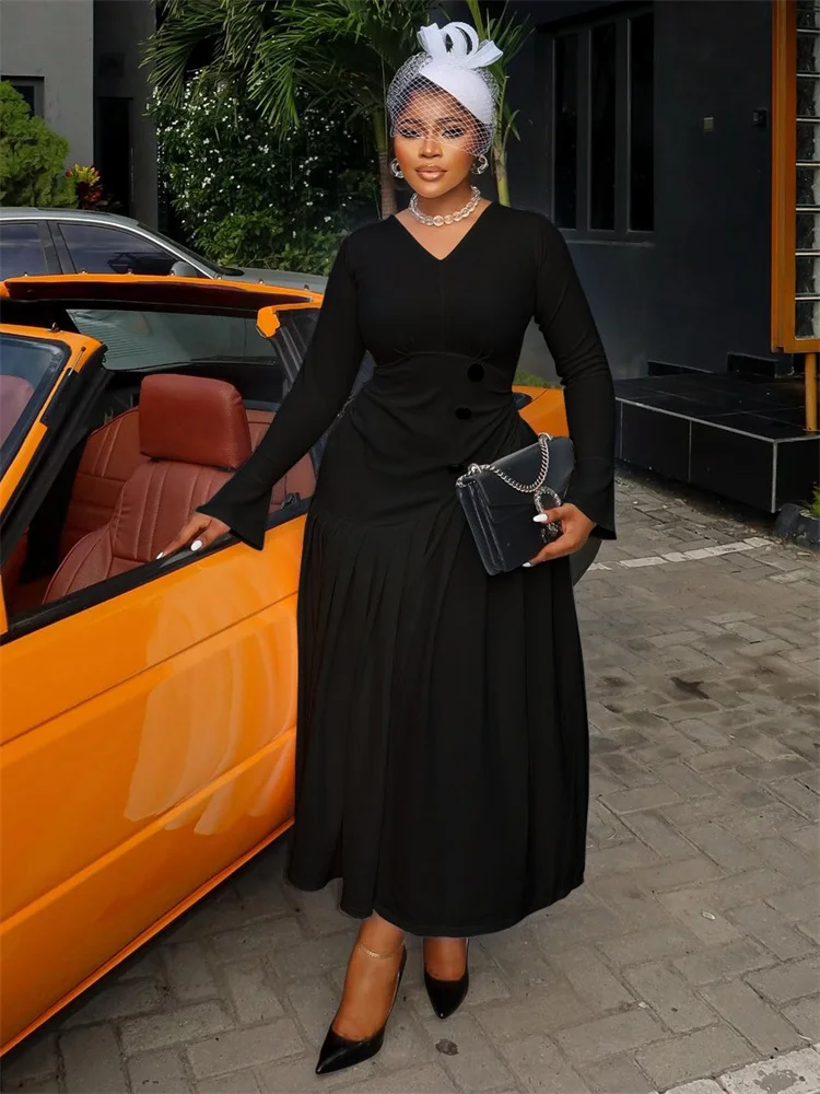 Wmstar Dresses Women Wholesale Solid Color Long Sleeve V Neck Maxi Length Office Lady New Style Fall Clothes Dropshopping