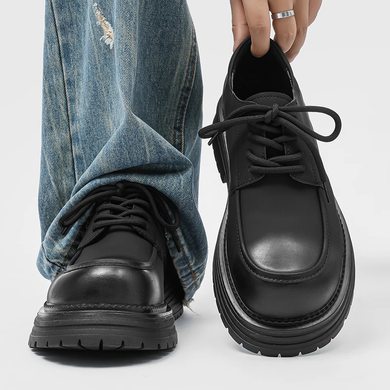 Men's Thick Soled Lace Up Leather Minimalist Designer Style Work And Party Outdoor Trendy Streets Young People's Shoes_voghion.com