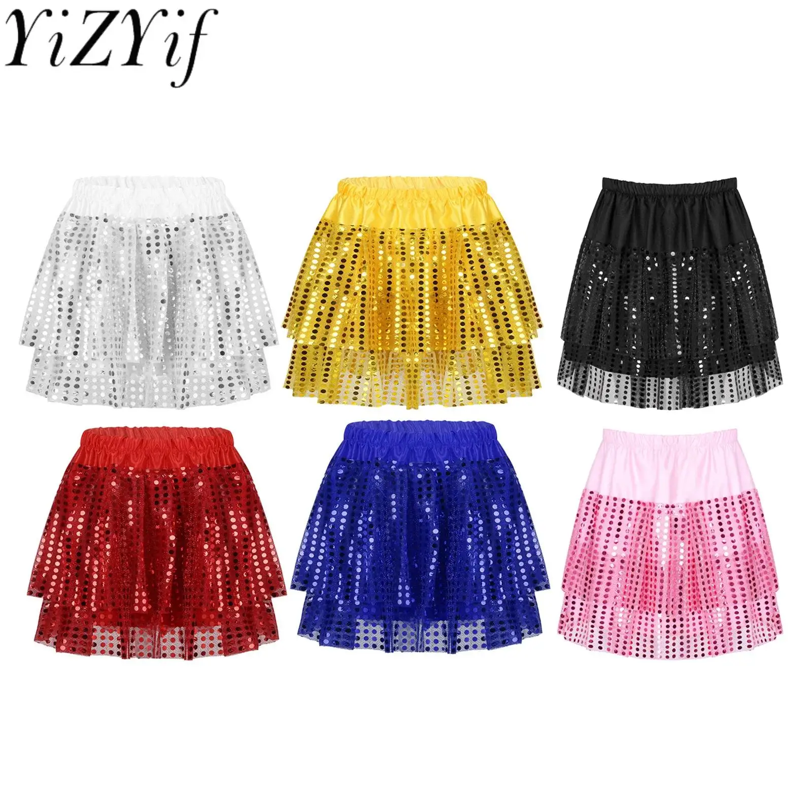 

Hip Hop Dance Clothing Girls Kids Shiny Sequins Elastic Waistband Tiered Tutu Skirt For Latin Jazz Dancing Stage Performance