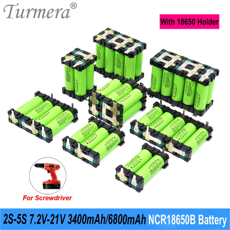 

Turmera 18650 3400mAh Battery NCR18650B Soldering Nicekl with Holder for 3S 12.6V 4S 16.8V 5S 21V Electric Drill Screwdriver Use