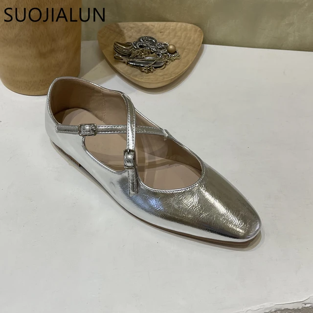 SUOJIALUN 2022 New Spring Women Flat Heel Shoes Shallow Mary Jane Ballet Flats Fashion Candy Color Ballerina Soft Casual Loafers 4