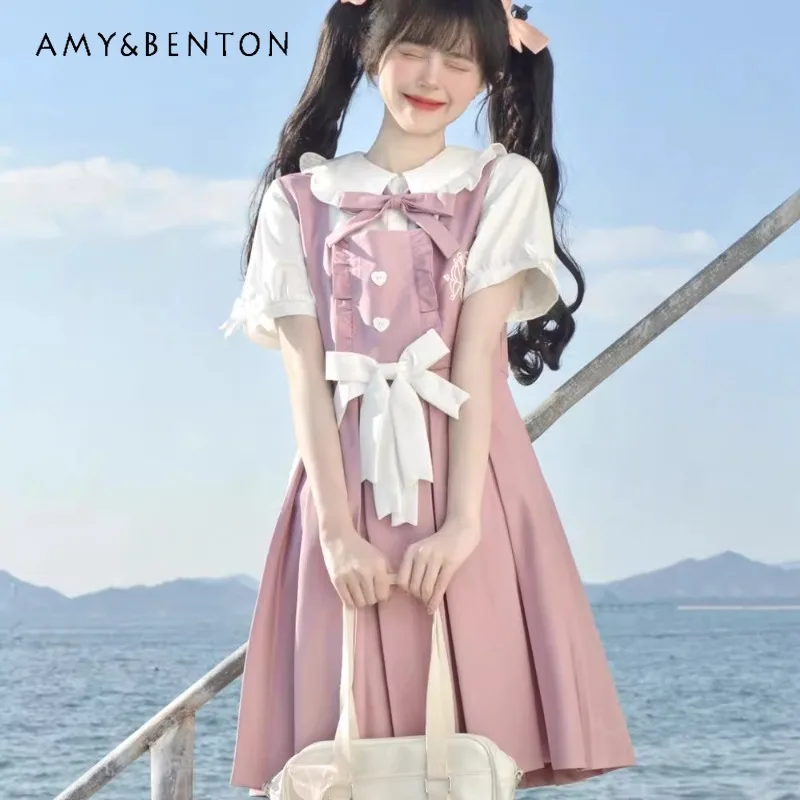 2024 New Japanese Lolita White Short-Sleeved Shirt Dress Suit JK Cute Preppy Style Pink Black Cartoon Two-Piece Sets For Women
