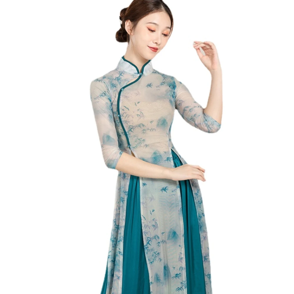 

Women's Suit Dress Cheongsam Top Loose Wide Leg Pants Clothing Classical Dance Practice Clothes Chinese Style Ethnic Dance Skort