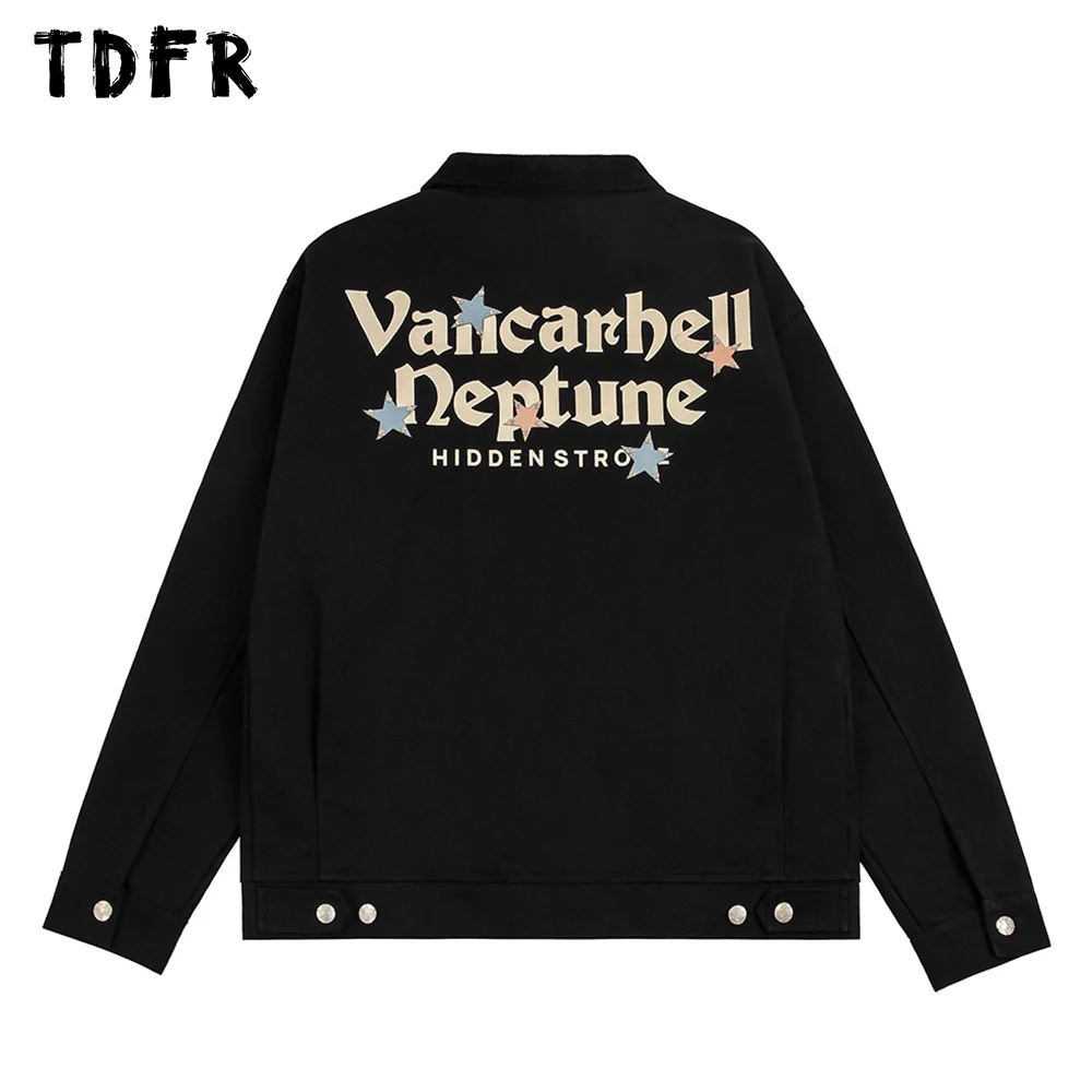 

Letter Print Cargo Jacket Mens Star Patch Autumn Patchwork Casual Loose Lapel Single Breasted Long Sleeve Outerwear Men