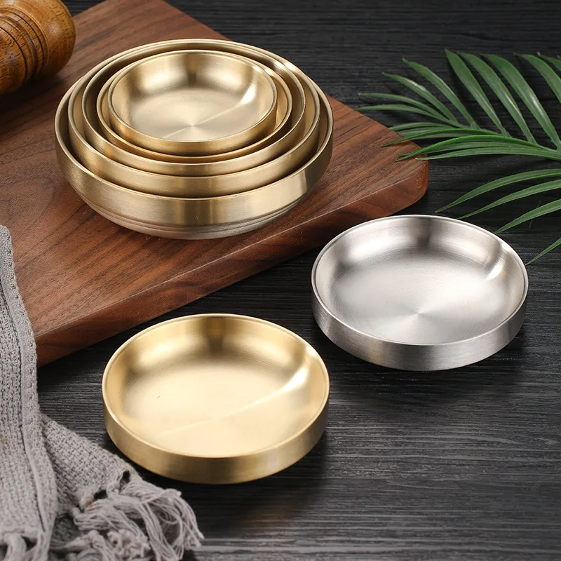 

Golden 304 Stainless Steel Double-Layer Pickled Vegetable Dish Seasoning Dish Creative South Korea Cold Dish Rice Korean Style D