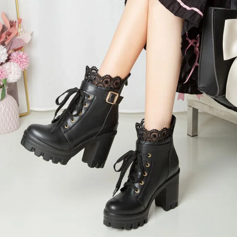 

Winter Punk Boots Women Shoes Fashion Lace Up High Platform Thick Sole Shoes Ladies Elegant Short Bootties