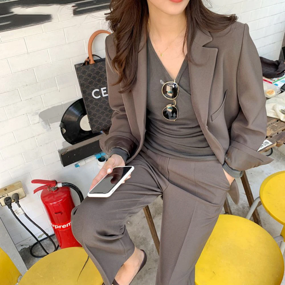 Elegant 2 Pieces Set Women Casual Pant Suits Single Button Jacket & High Waist Loose Trousers 2023 Spring Stylish Blazer Suit