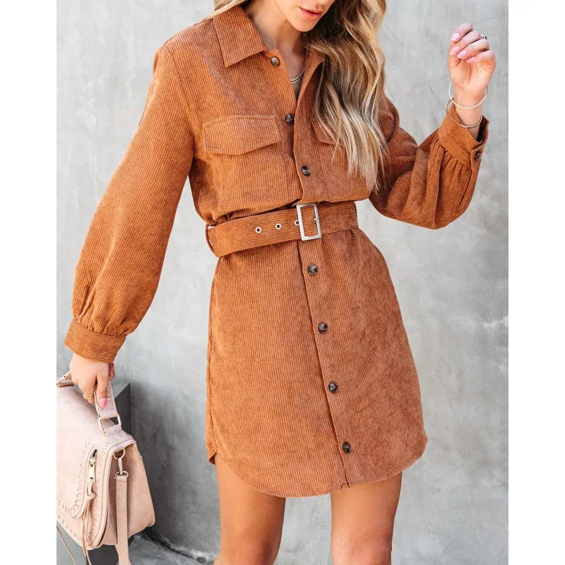 

Wepbel Autumn Shirts Dress Women Long Sleeve Solid Color Corduroy Casual Shirt Dress Lace Up Single Breasted Loose Dress Robe