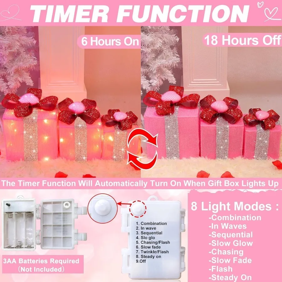 Timer 8 Mode 3 Pack Christmas Decorations with Lighted Gift Boxes Featuring Pink Hearts and Red Glitter Bow 60 LED Battery Oper