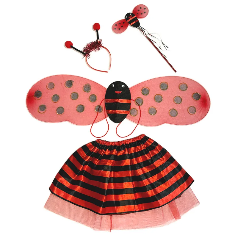 3/4Pc Little Bee Children's Performance Costume Yellow Red Little Bee Dance Skirt Set Birthday Party Bee Elf Headwear Wings Wand