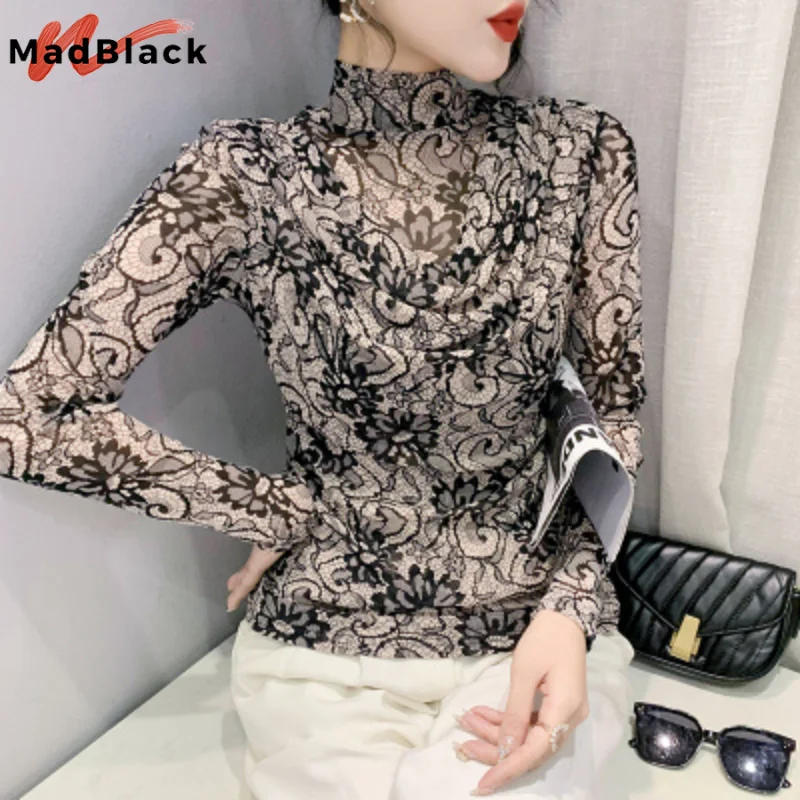 

MadBlack Mesh T-Shirts Long Sleeves Half Turtlenecks Ruched Sexy Printing Women Tops New Slim Tees For Spring and Autumn T31403Z