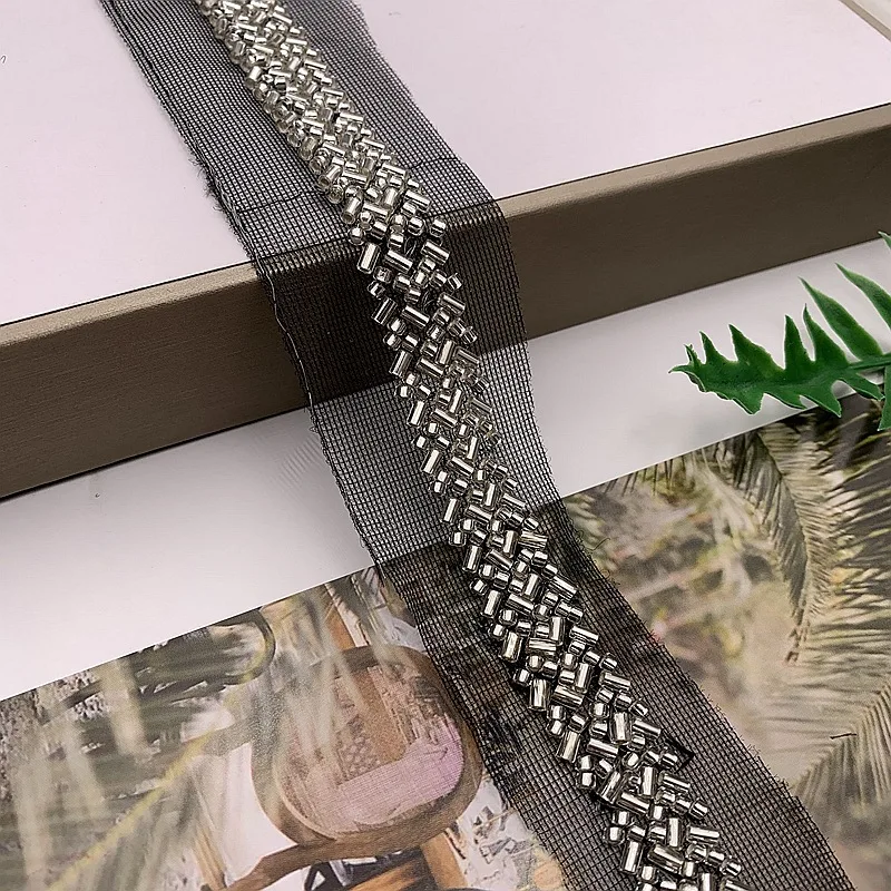Description Picture 6 of item1Yard Silver Black Beaded Lace Trim Tape Fabric Ribbon DIY Collar Sewing Garment Headdress Net Yarn Lace Materials