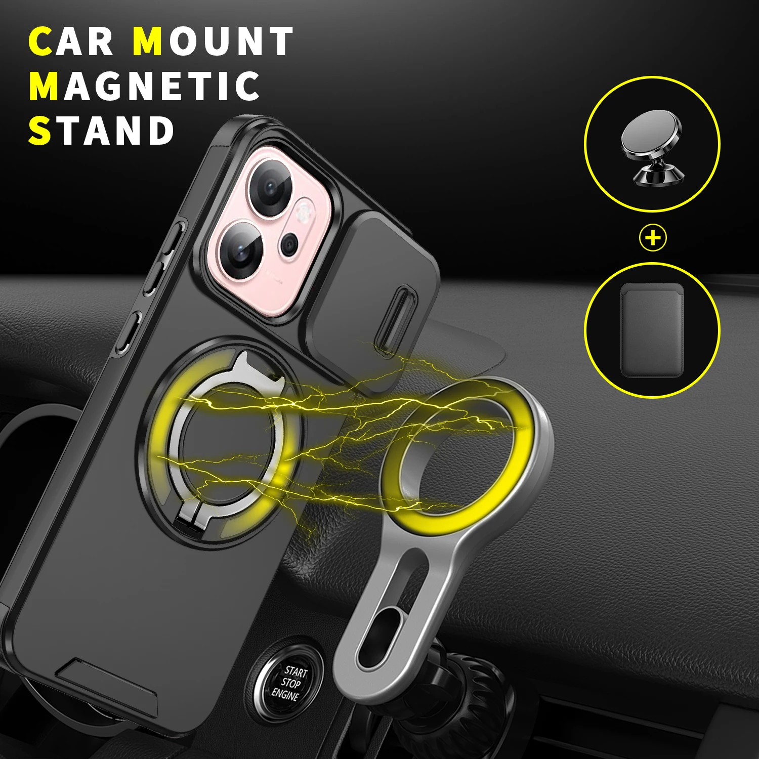 Enhanced Shockproof Armor Case with Car Magnetic Holder and Slide Lens Protector Cover