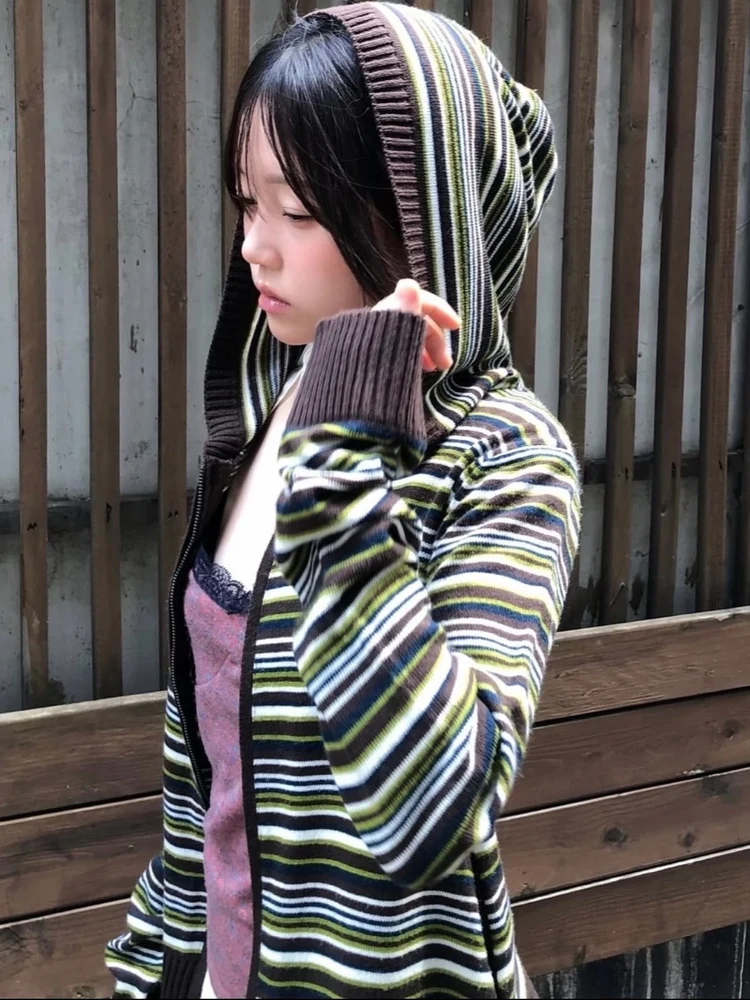 Coyseio Color Blo Striped Knitted Jaet Hooded Zipper Autumn Winter New Sle Women's ort Outerwear Retro Sle