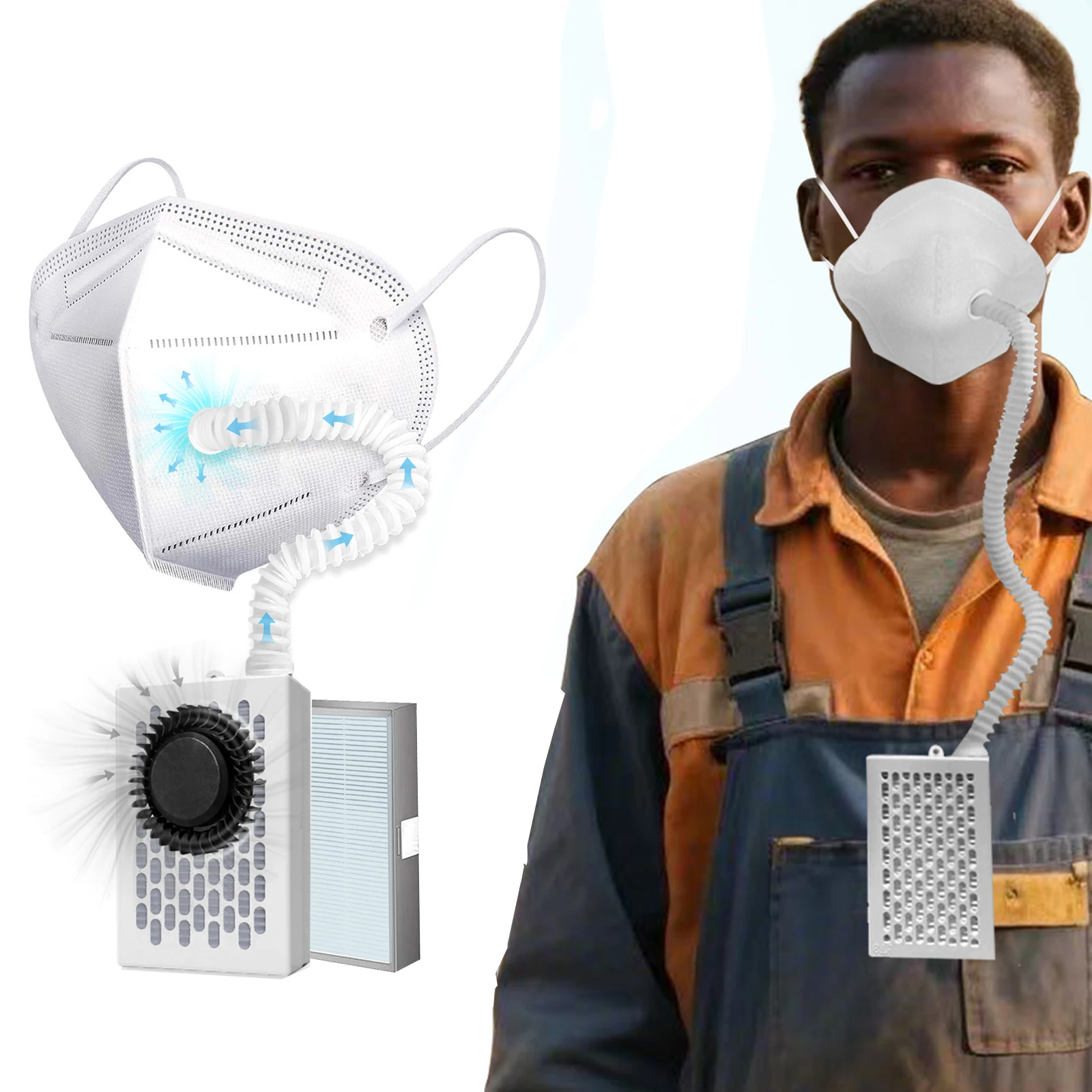 Vue latérale du masque anti-poussière avec ventilateur électrique et filtre HEPA, montrant les sangles ajustables.