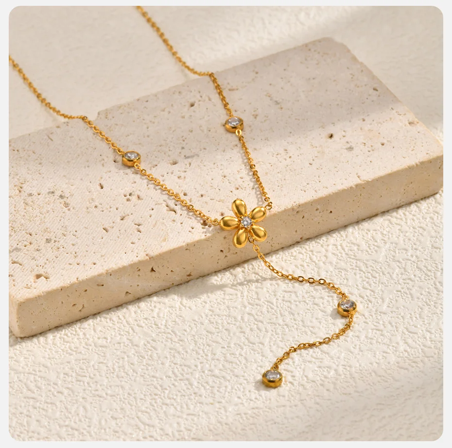 Vnox Klassische Urlaubskollektion Weiße Zirkon Y-förmige Lange Halskette für Damen, Edelstahl 18k Goldfarben Plattiert Damenschmuck-Sets – Detail 5