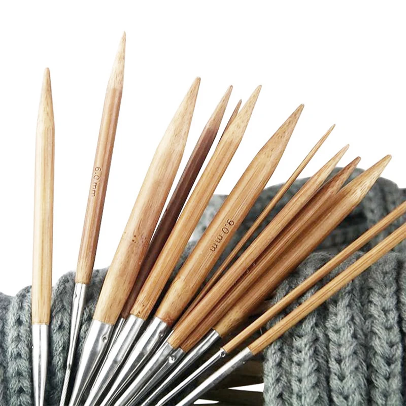 Knitting Supplies 3.0-12mm Natural Bamboo Circular Knitting Needles Stainless Steel Tube Hoop Knitting Needles DIY Hand Sewing Tools