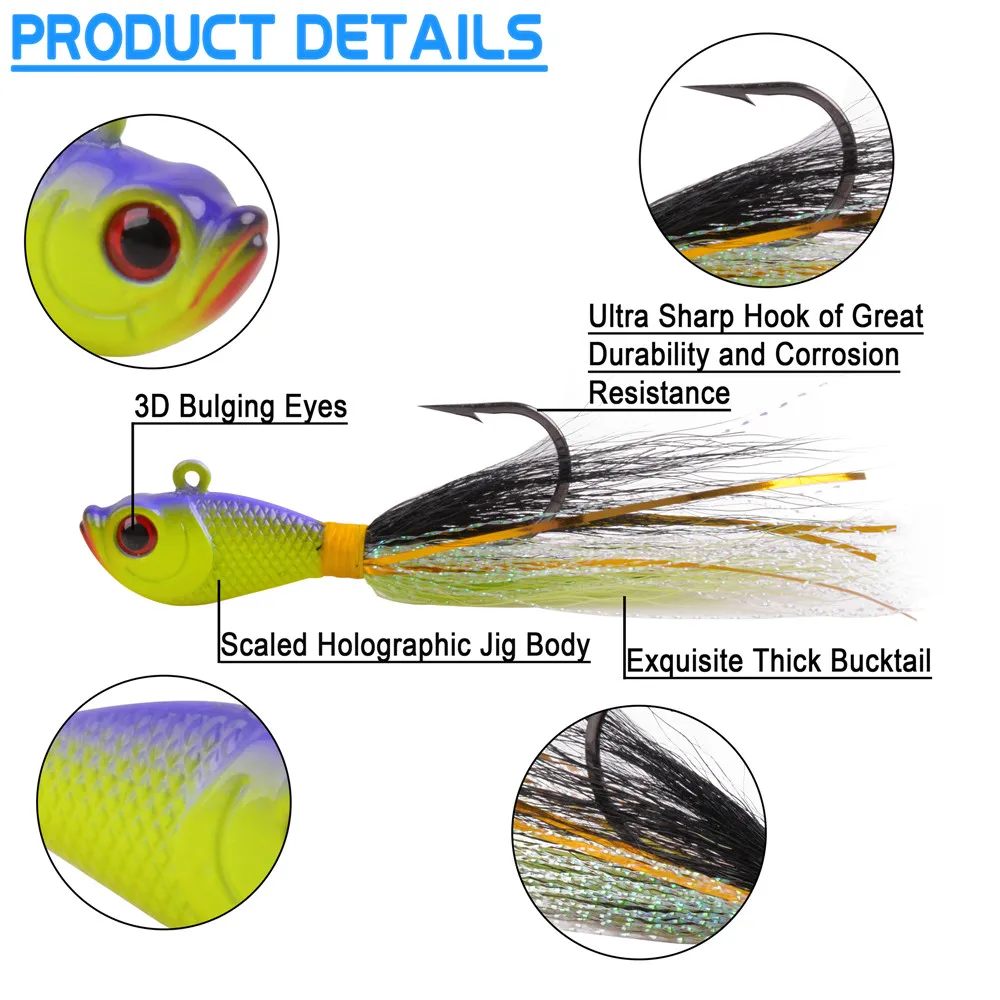 Lot De 5 Leurres Bucktail Jigs 1 Oz - Pêche Surf Et Mer - Bar, Flétan, Fluke