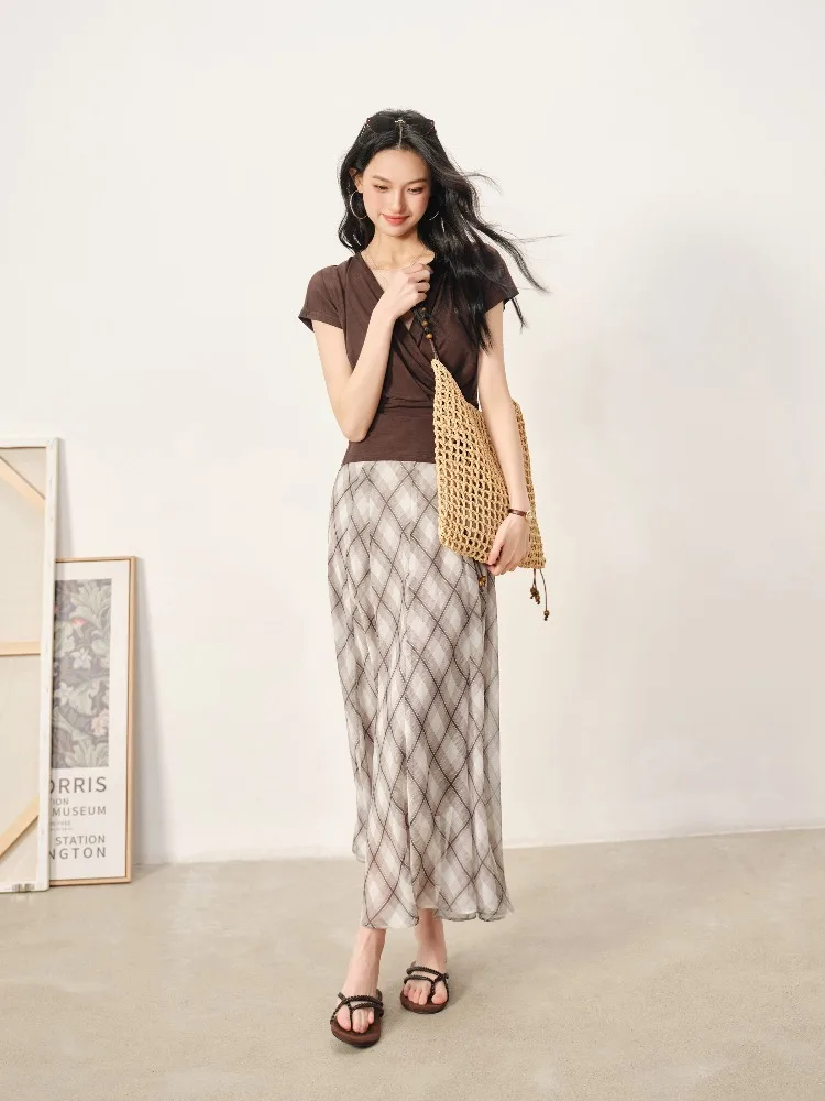 Retro Plaid Chiffon Skirt Women Summer Lightweight High Waist A