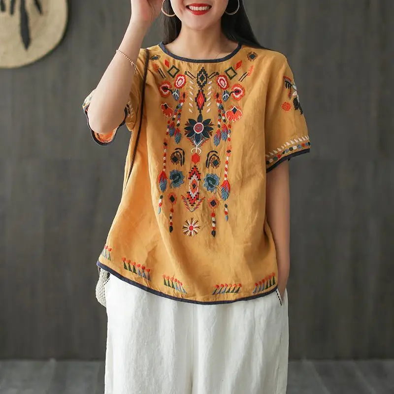 Vintage Folk Embroidered Loose Fit O-Neck Summer T-shirt