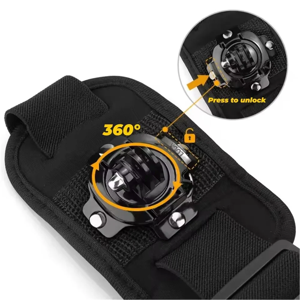 Support de caméra action étanche noir monté sur un casque, angle latéral