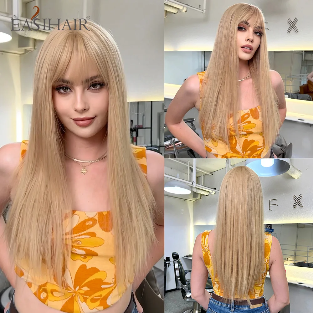 

EASIHAIR Long Straight Blonde Golden Lolita Wigs with Bangs Beige Synthetic Hairs Wig for Women Daily Party Heat Resistant Fiber