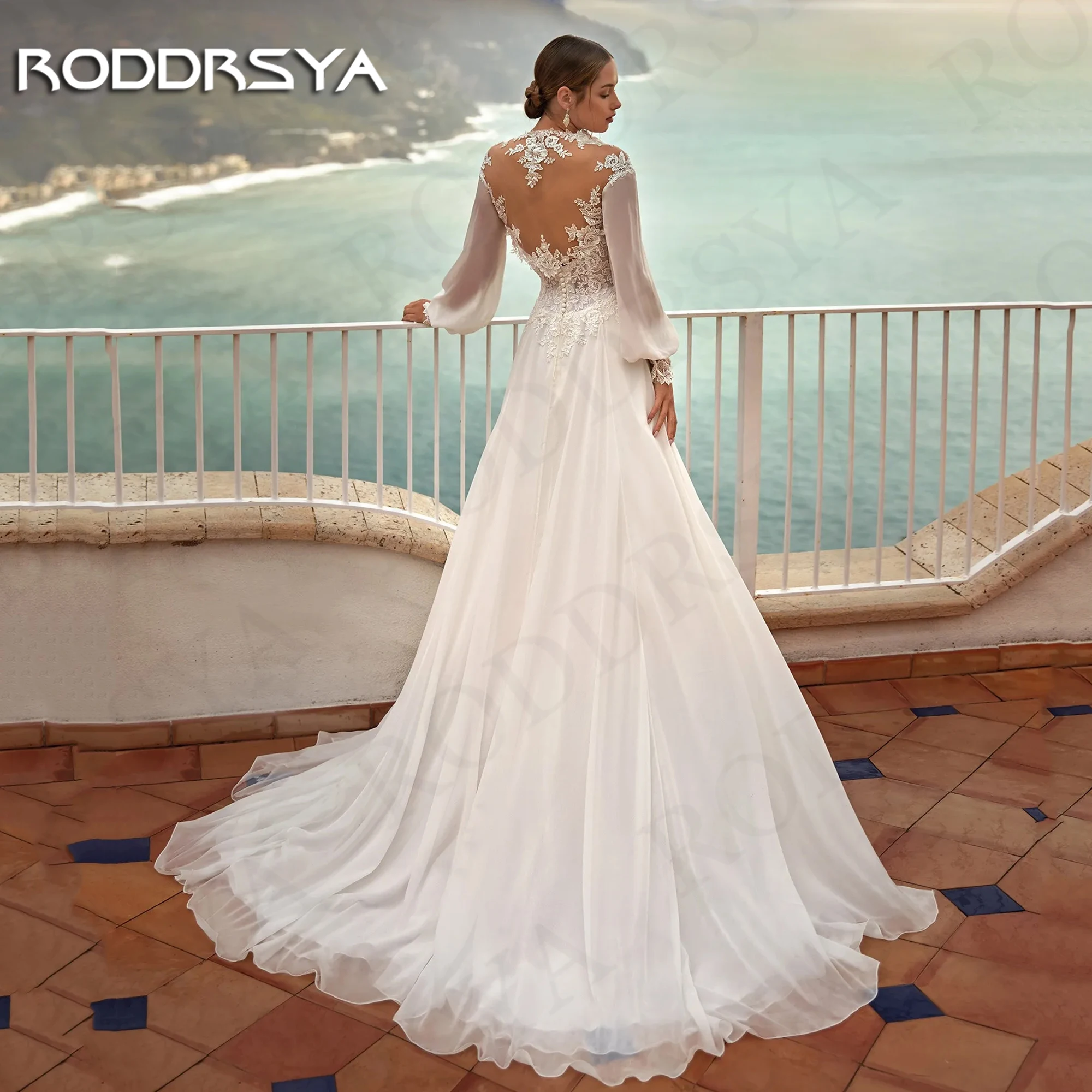 RODDRSYA Long Sleeve Beach Wedding Dresses For Bride Lace Appliques Illusion Back A Line Bridal Dress hochzeitskleid Chiffon 2