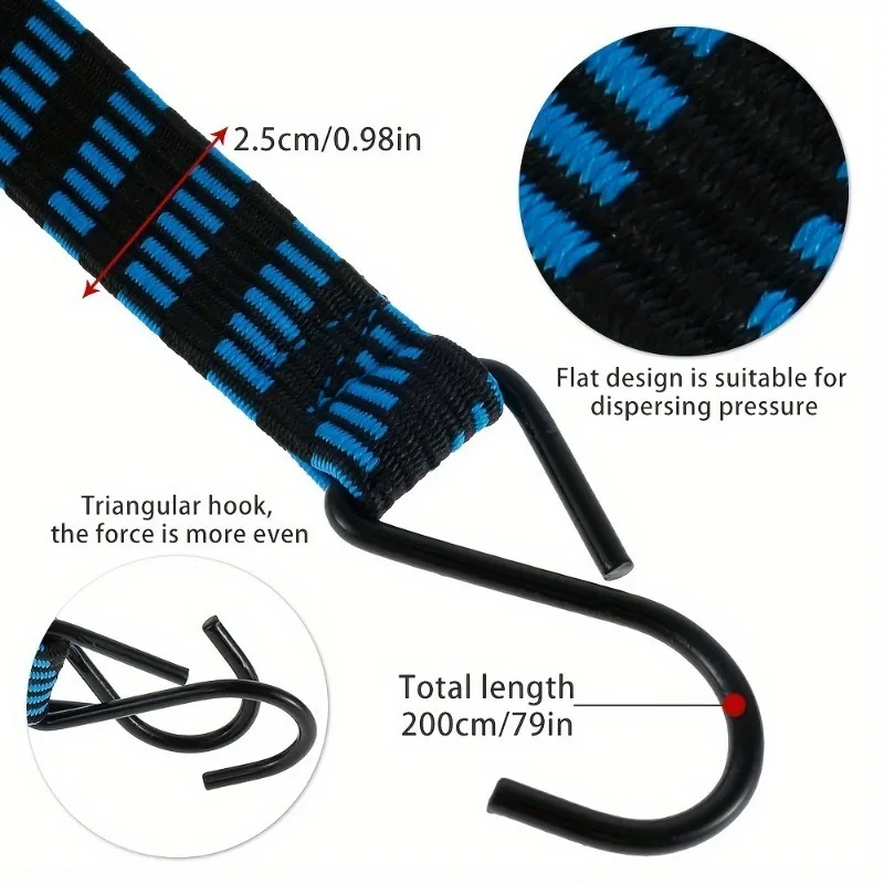 1pc 2M Bungee Cords Elastic Bungees Cords with Hooks Anti-slip Flat Elasticity Rope for Motorcycle Bicycles