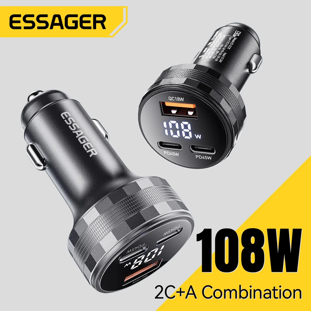 Essager USB C cargador de coche 3 puertos 108W tipo C carga rápida PPS PD3.0 QC cargador de teléfono de coche para iPhone 16 15 Samsung Huawei Xiaomi