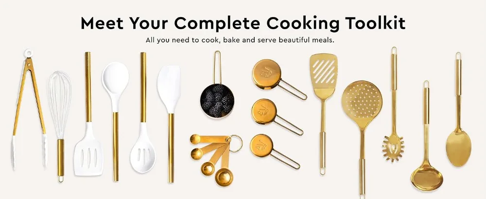  gold kitchen essentials, white and gold kitchen decor, stainless steel utensils set for cooking