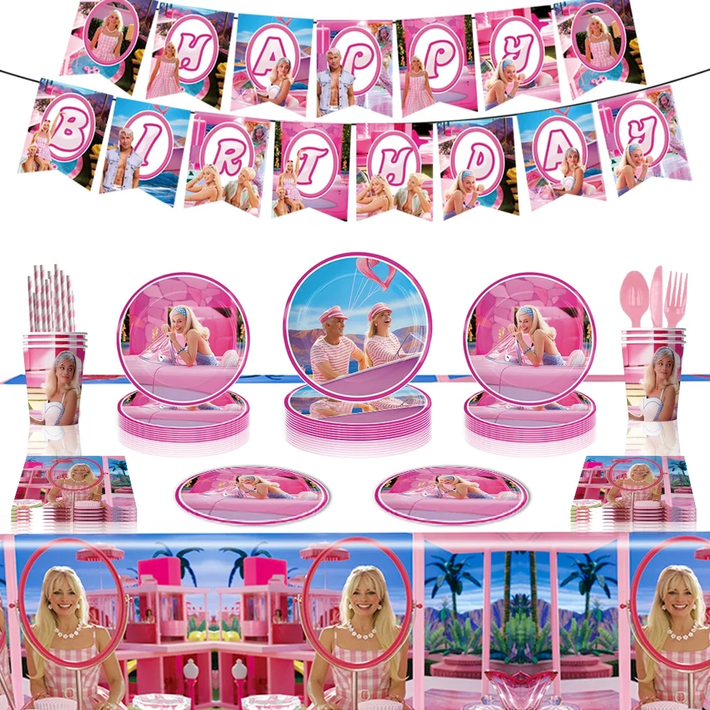 

Disney Barbie Party Supplies Birthday Anniversary Home Party Decorations Disposable Tableware Paper Plates Straws Napkins Cups