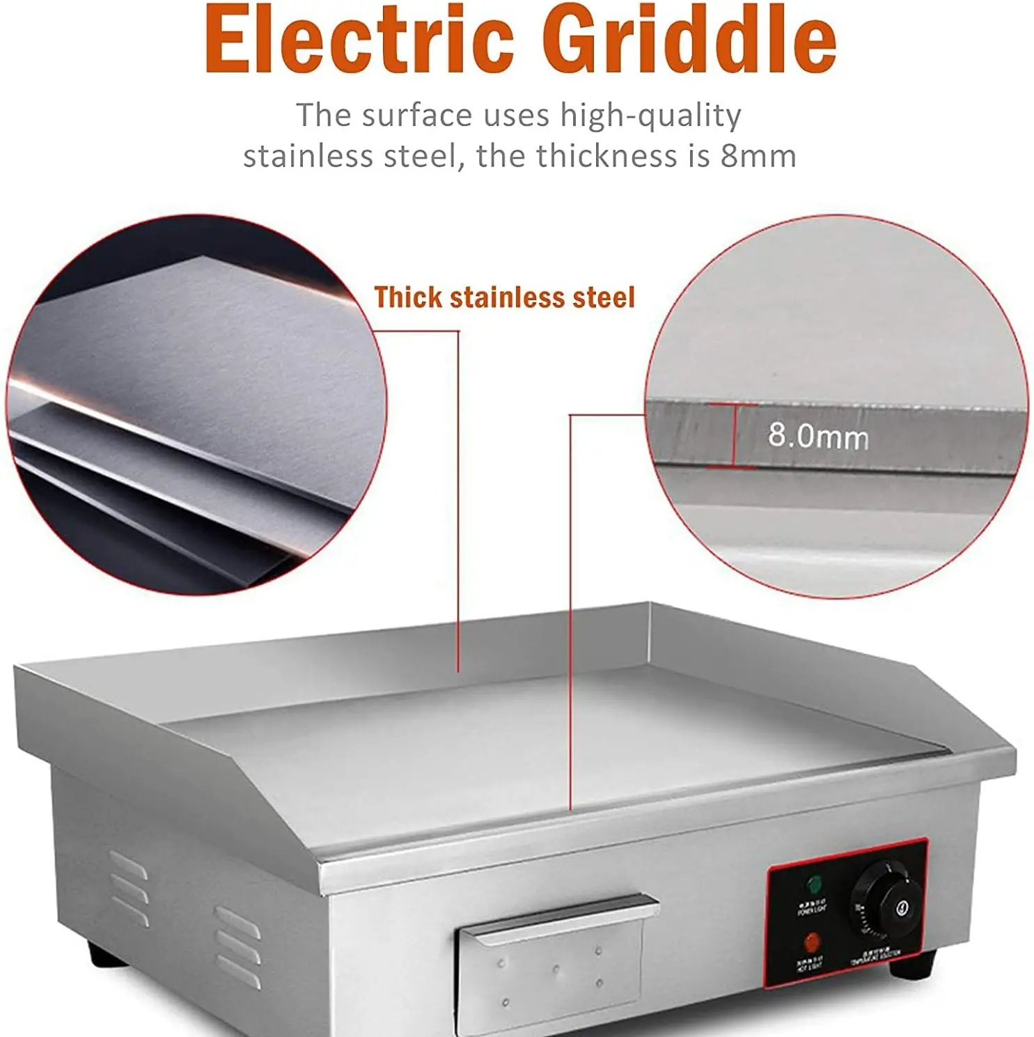 Electric Countertop Griddle Stainless Steel BBQ Flat Top Grill Hot Plate, Adjustable Thermostatic Control 122°F-572°F, Stainless 6
