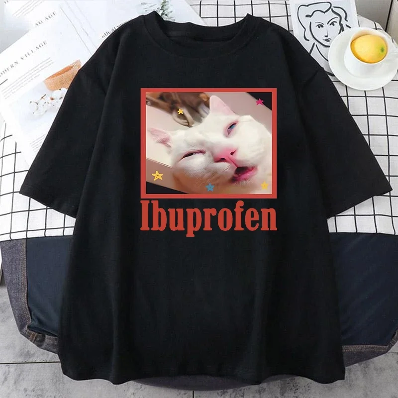 Ibuprofen Katze Meme T-Shirt Süßes Katzenliebhaber Baumwoll-T-Shirt Lässige lustige T-Shirts Unisex Übergroßes T-Shirt T-Shirt Lustige Katze Grafik-T-Shirt