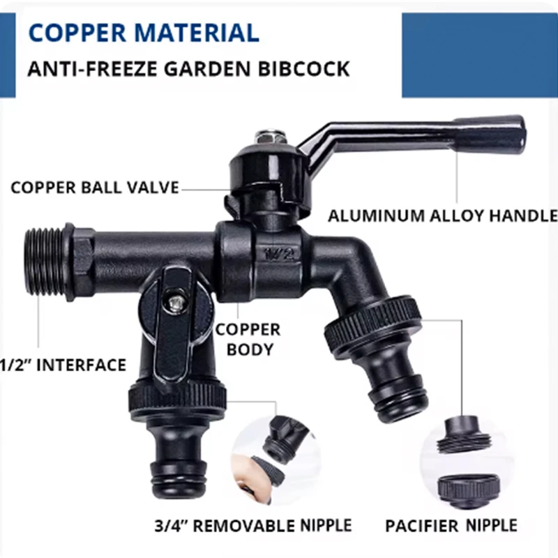 Garden Bibcocks Outdoor Garden Brass Water Faucet Tap Anti-Freeze Bibcocks with Hose Connector Dual Outlet