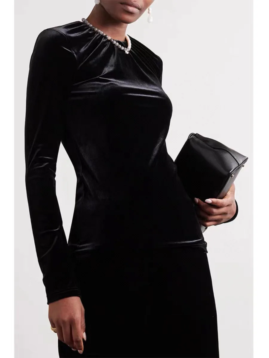 

T0*teme* Autumn Women Shirt Tops Velvet Back Zipper Long Sleeve Elegant Trendy 2023 Classic Style Casual High Quality