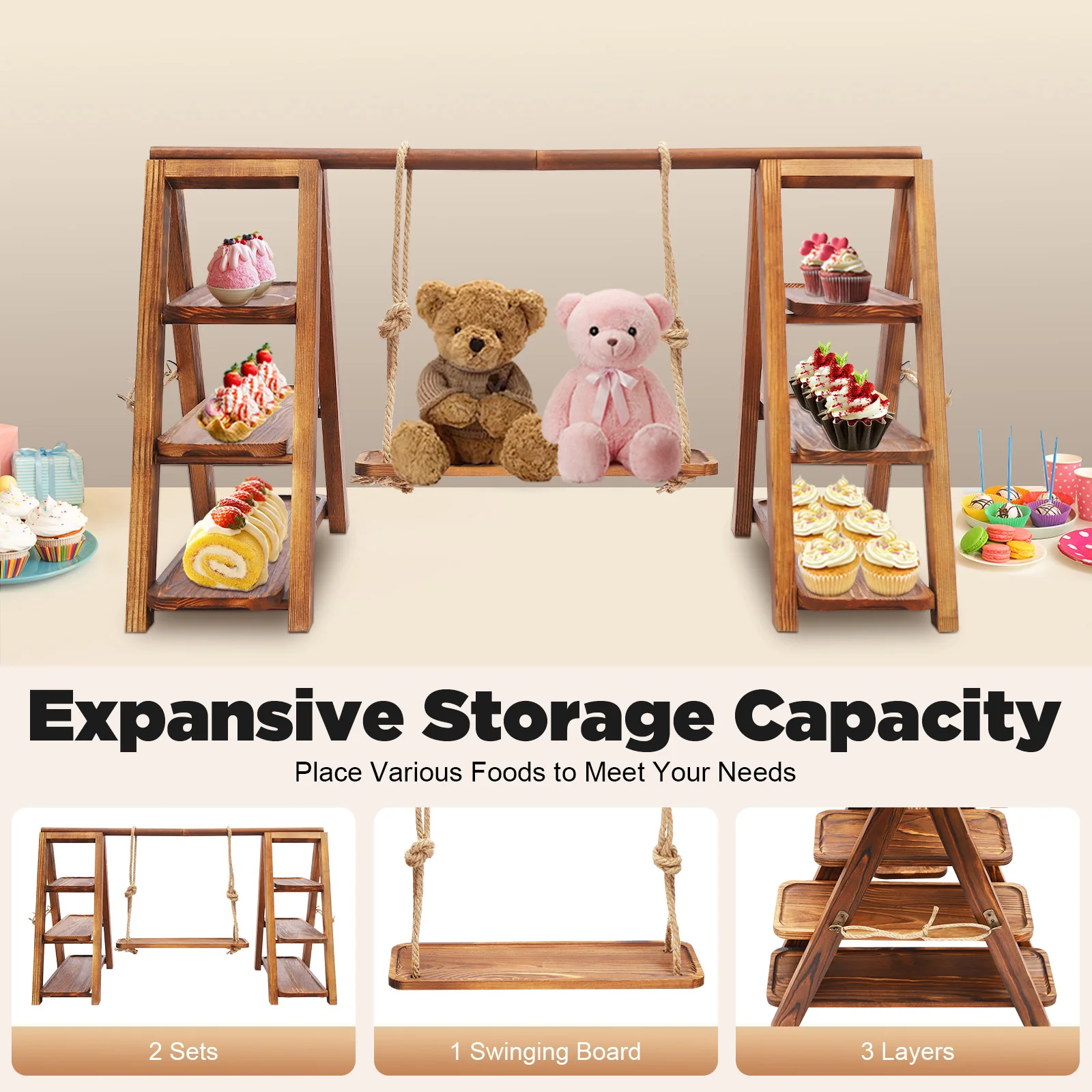 3-Tier Solid Wood Dessert Stand 6KG Load Capacity Detachable Wooden Cupcake Display Rack for Wedding Birthday Party 3