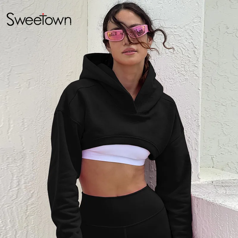 

Sweetown Autumn Winter New Fashion Casual Street Style Cropped Hoodies Womens Black Solid V Neck Long Sleeve Pink Sweatshirts