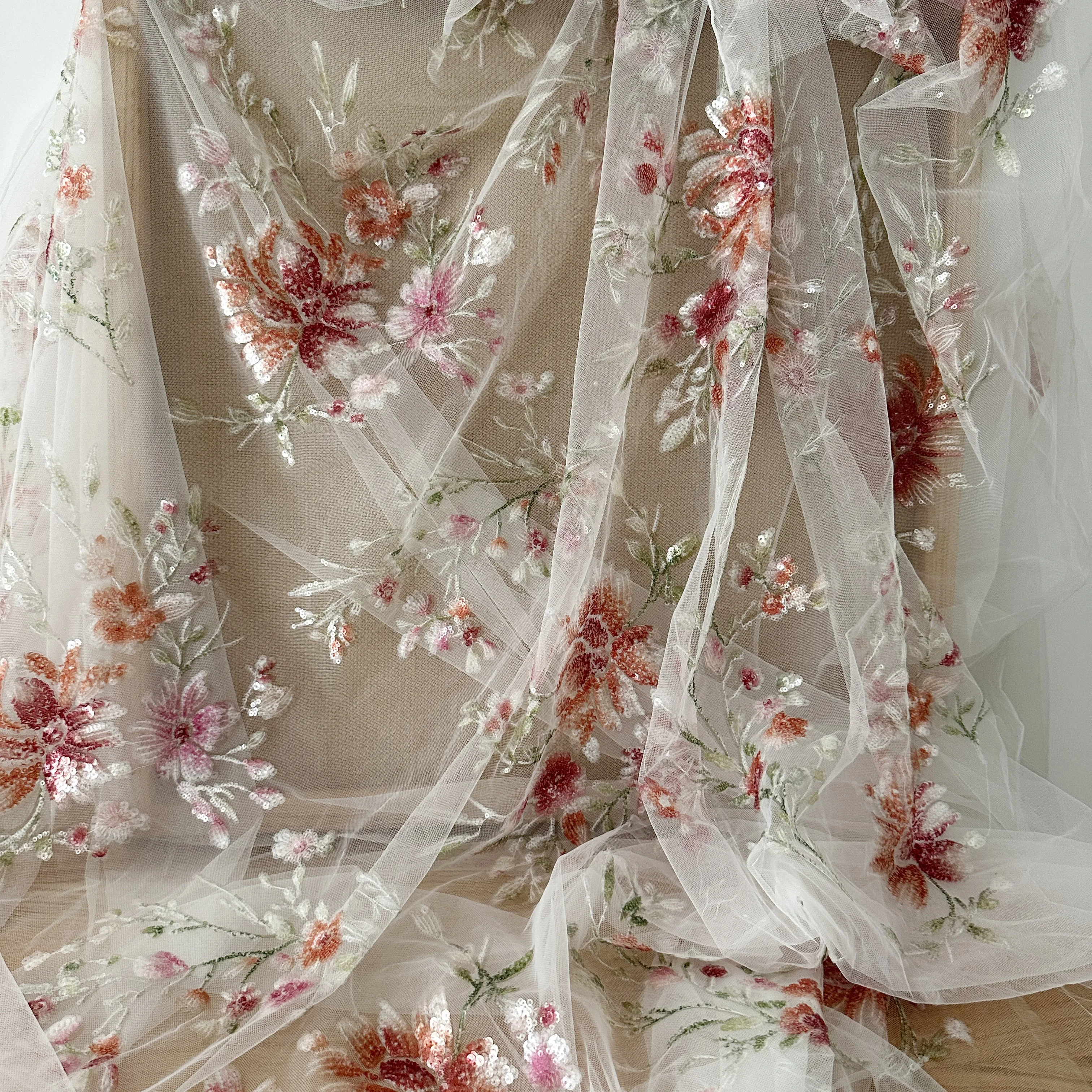 

1 Yard Pink Colorful 3D Sequin Embroidery Tulle Lace Fabric for Cocktail Dress, Gowns, Bridal Veil Haute Couture