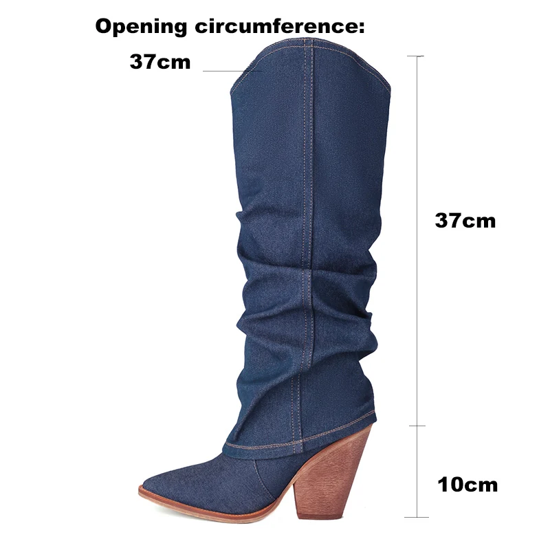Kcenid Autumn Winter New Women Boots Slip On Knee High Boots Cone Heels Pleated Fashion High Heels Design Knight Shoes Blue