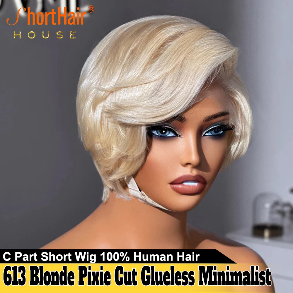 Short Hair 613 Blonde 180% Pixie Cut Wigs Human Hair Wig Bangs 13x6x1 T Part Wig Brazilian C Parted Minimalist Pixie
